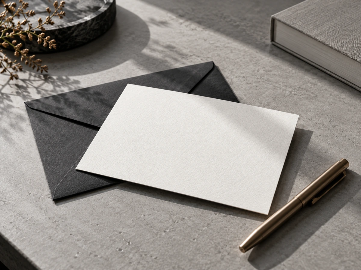 A blank correspondence card, dark envelope and metal pen on a grey desk.