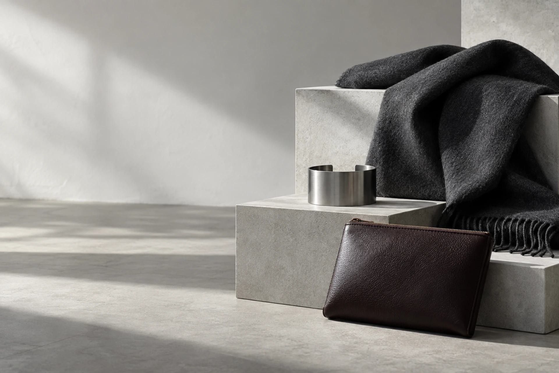 Folded graphite wool, a brushed steel cuff and a dark leather accessory arranged on pale grey plinths.