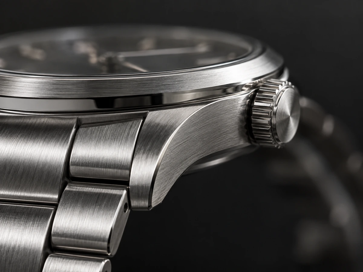 Close-up of a wristwatch crown, brushed steel case edge and metal bracelet links.