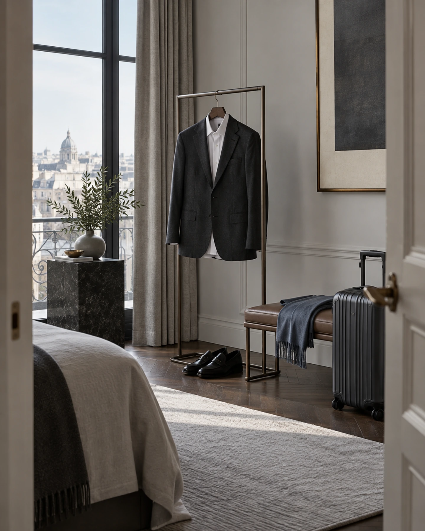 A charcoal jacket, white shirt, black loafers and folded scarf arranged beside a travel suitcase.